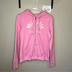 Hollister Zip Up Headphone Hoodie Pink With Logo Embroidered | L